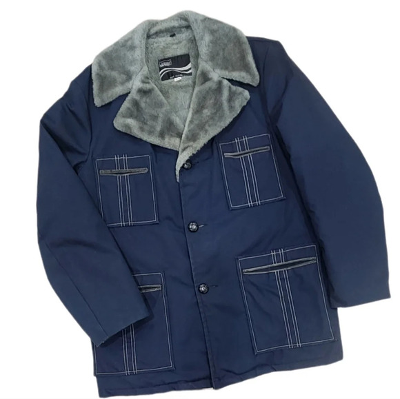 Vintage Montgomery Wards 70s Storm Proof Faux fur Jacket, Navy, Men's 44 - Picture 1 of 9